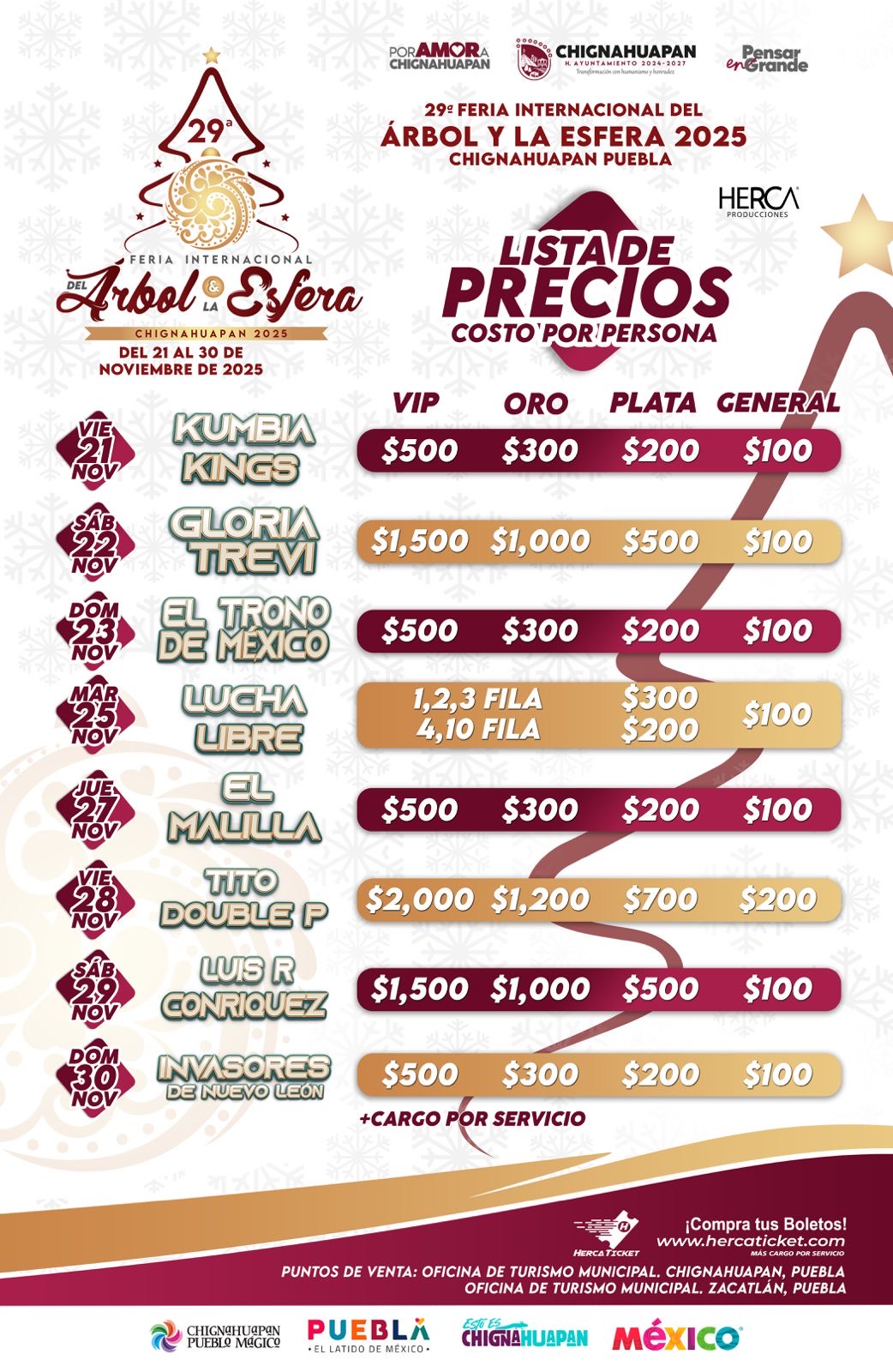 Lista de precios para las zonas VIP, Oro, Plata y General