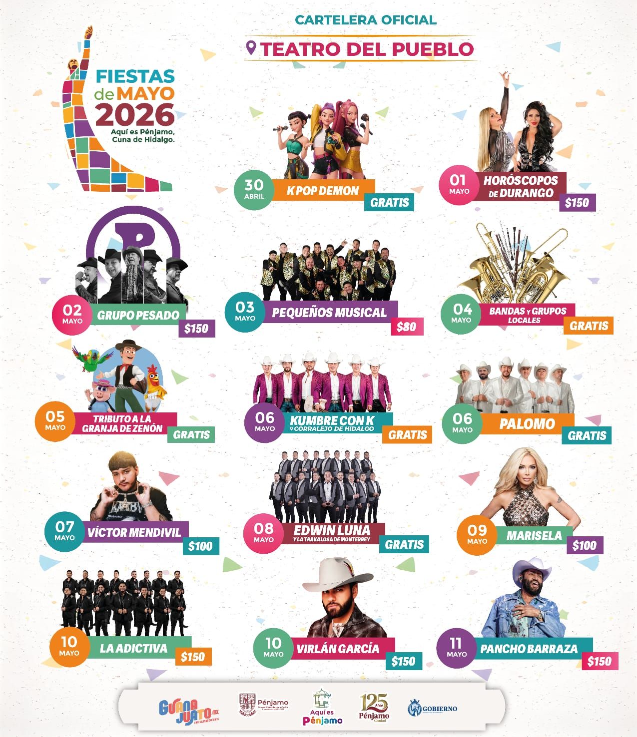Cartelera artística Fiestas de Mayo Pénjamo 2026
